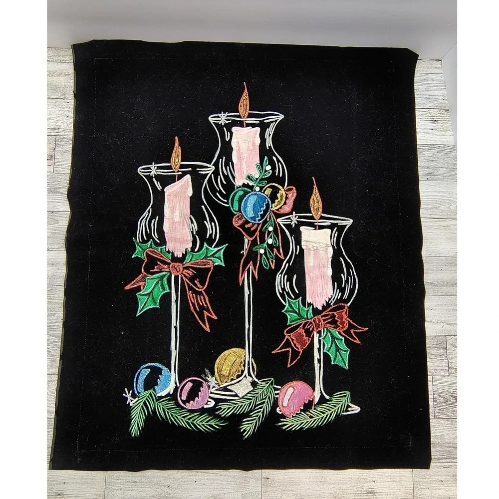 Christmas Fabric Painted Candle Trio Vignette Scene Wall Hang Decor 23x20